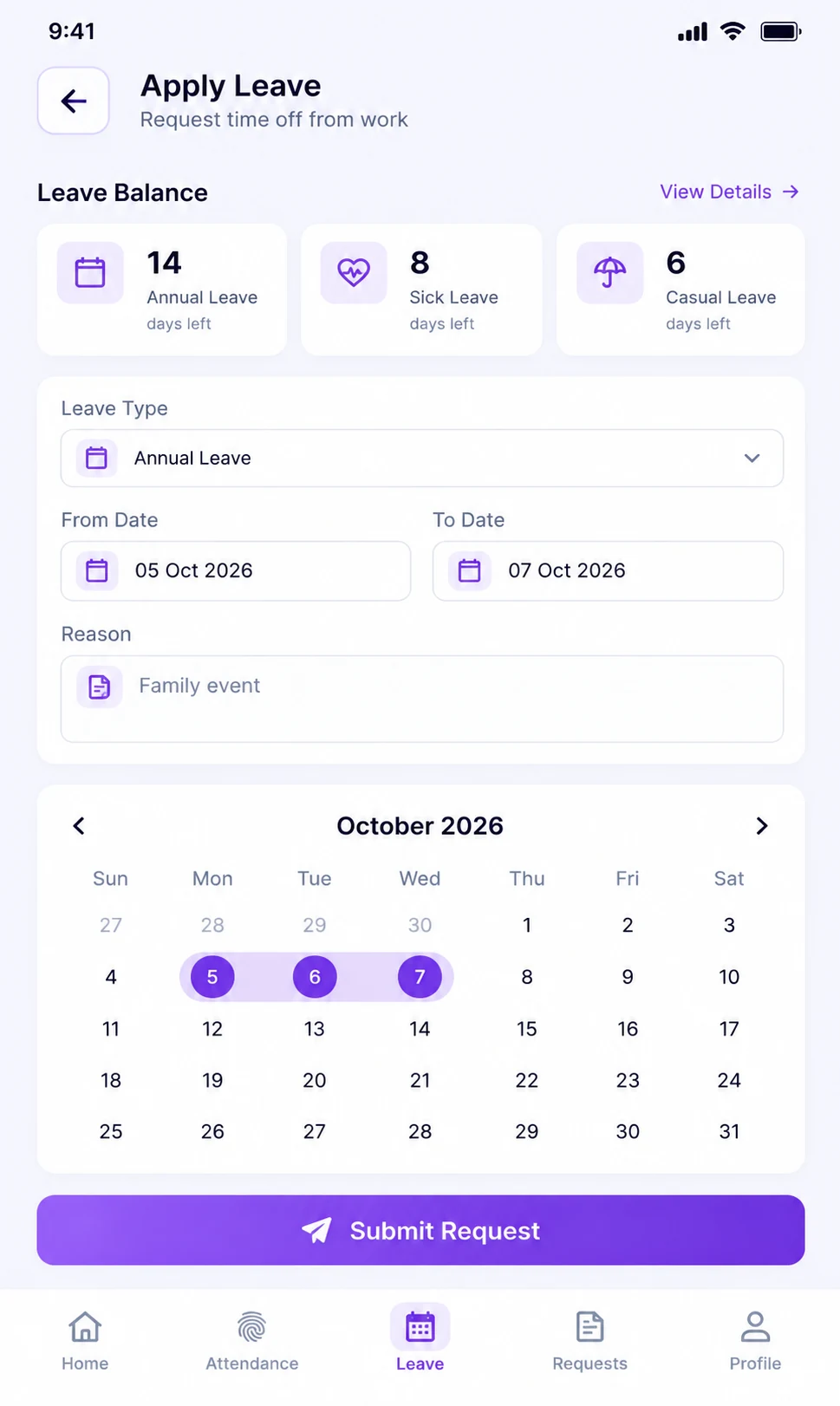 StreamHCM app leave request screen with leave balances and calendar