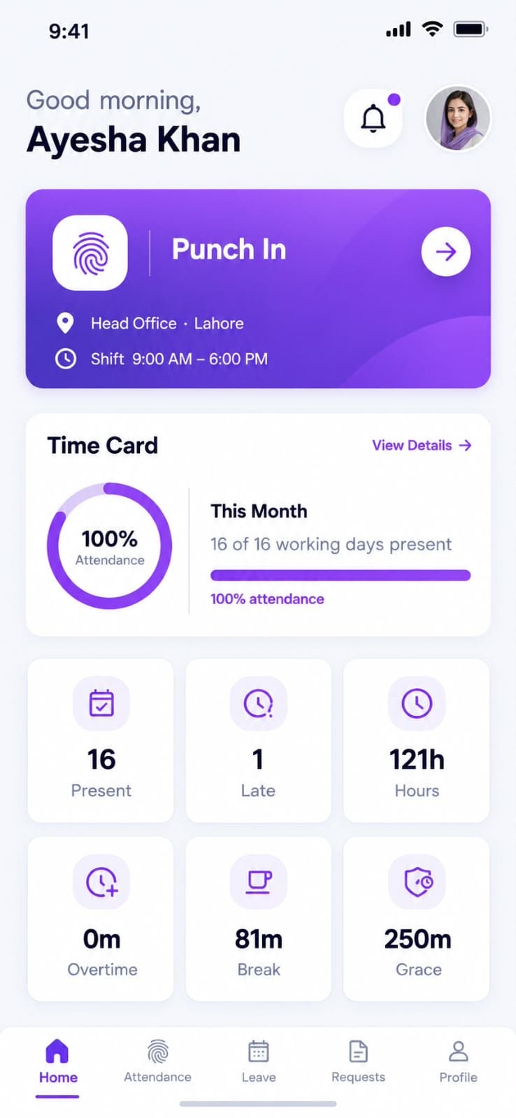 StreamHCM app home screen with Punch In and monthly time card