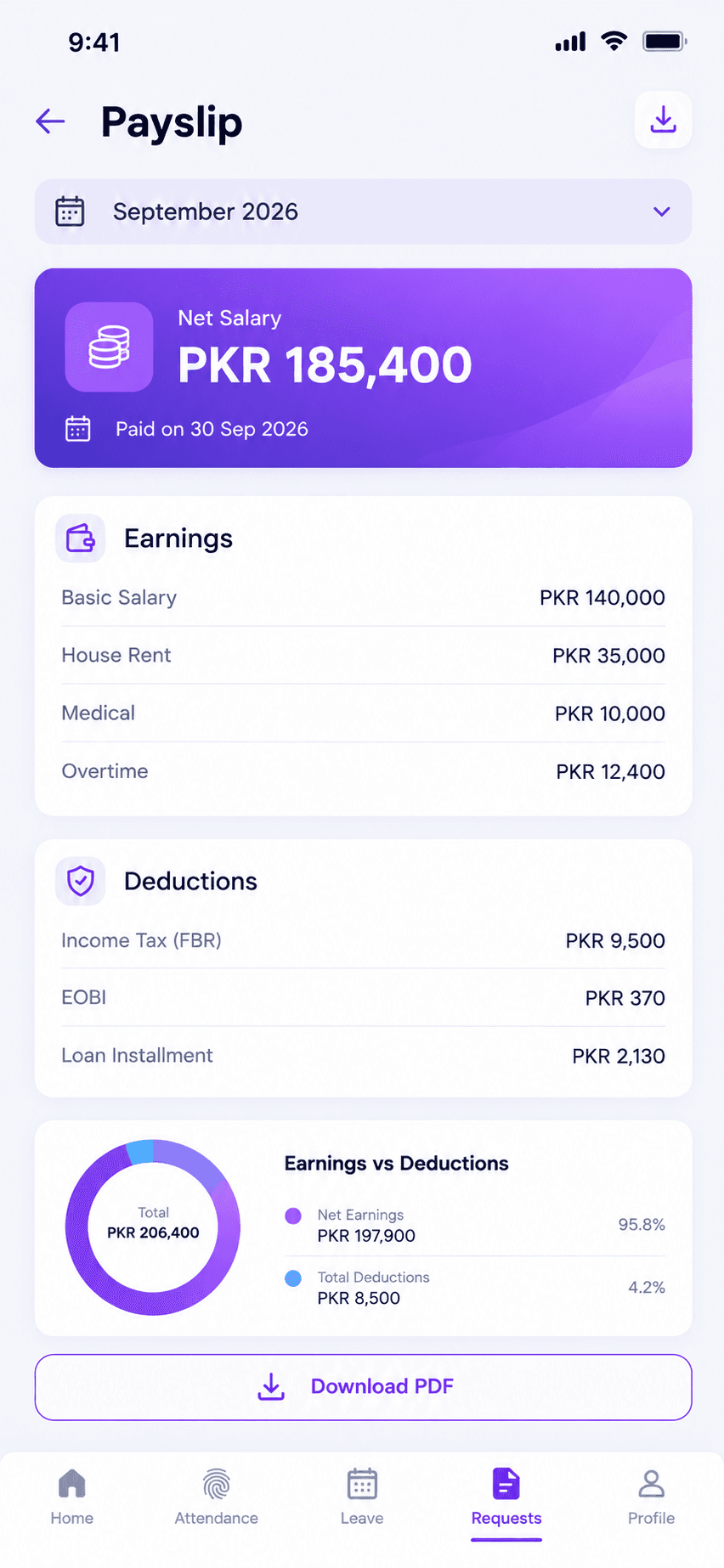 StreamHCM app payslip screen with earnings, deductions and net salary